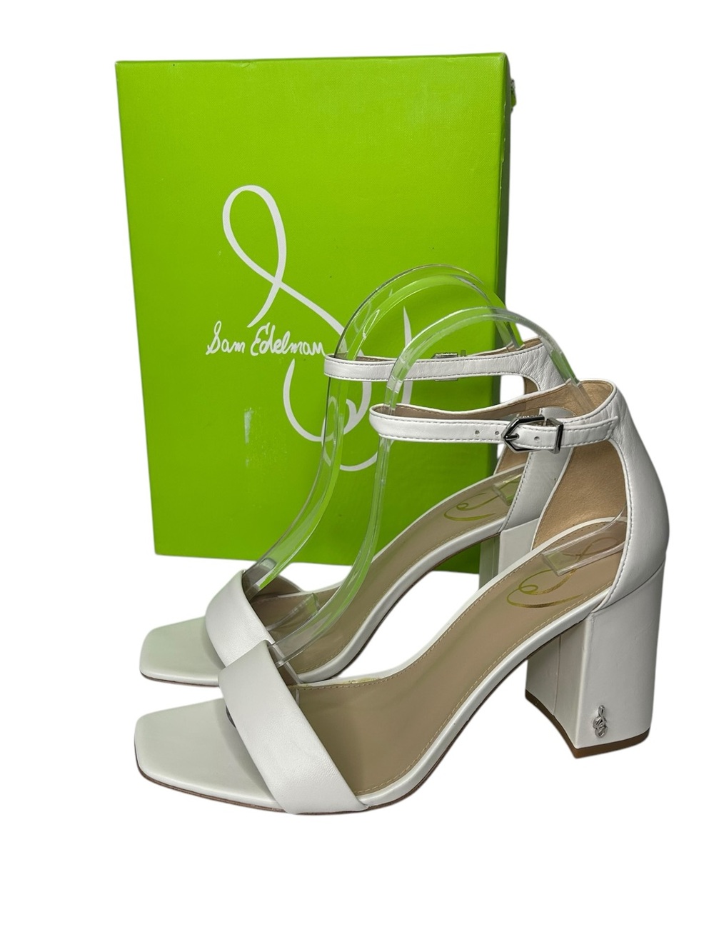 New Sam Edelman Danielle White Leather Block Heel Ankle Strap Sandals 8